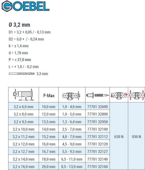 GOEBEL® - 1000 x Rivets aveugles Multi-Grip 3.2 x 14 mm - Aluminium AlMG 2.5 / Acier galvanisé - Tête plate - MULTI - 7770132140 - Rivet aveugle
