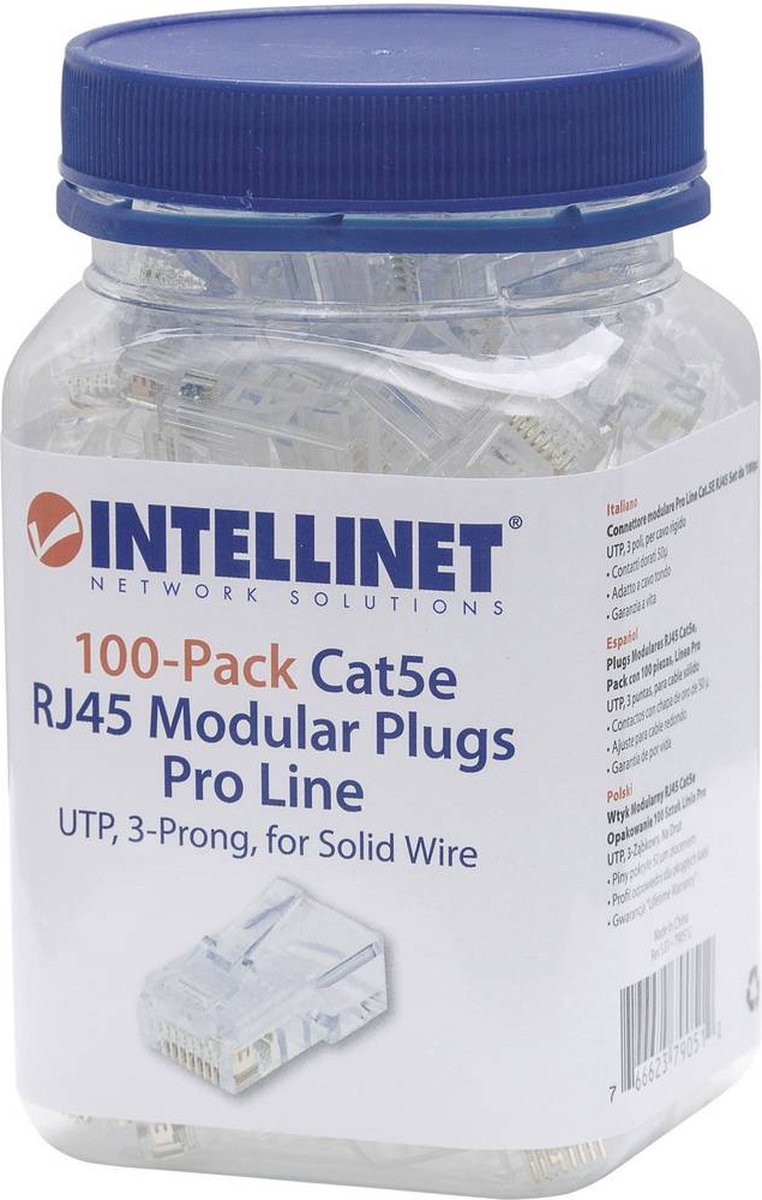 Intellinet Intellinet Intellinet pak 100 stuks Cat5e RJ45 modulaire stekker Pro Line UTP 3-punts ader koppeling voor ma