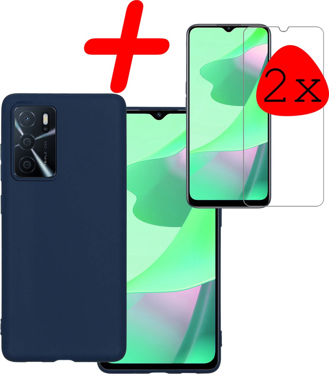 Hoesje Met 2x Screenprotector - Geschikt voor OPPO A16s - Sterk & Shockproof - Back Cover - Siliconen Case - Telefoon Hoes - Donkerblauw