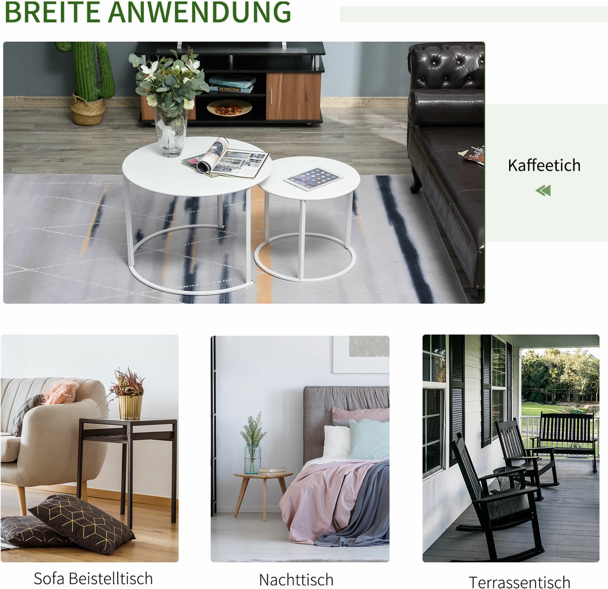 Outsunny Set van 2 ronde salontafels voor de tuin, voor binnen en buiten, bijzettafels van PE-hars, rotanlook, boho-stijl