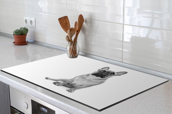 KitchenYeah® Inductie beschermer 80x52 cm - Portret van een Franse buldog op een witte achtergrond - zwart wit - Kookplaataccessoires - Afdekplaat voor kookplaat - Inductiebeschermer - Inductiemat - Inductieplaat mat