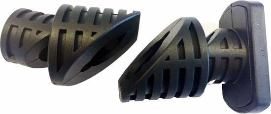 Twee zwarte plastic fietspaar-onderdelen in elkaar grijpend, met ribbelpatroon.