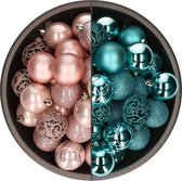 Bellatio Decorations Kerstballen mix - 74-delig - turquoise blauw en lichtroze - 6 cm - kunststof