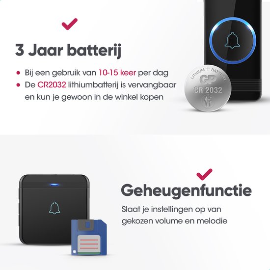 AVANTEK Draadloze deurbel met 2 ontvangers - Zwart - Bereik 400 meter - Waterdicht - Zonder batterijen - 52 melodieën