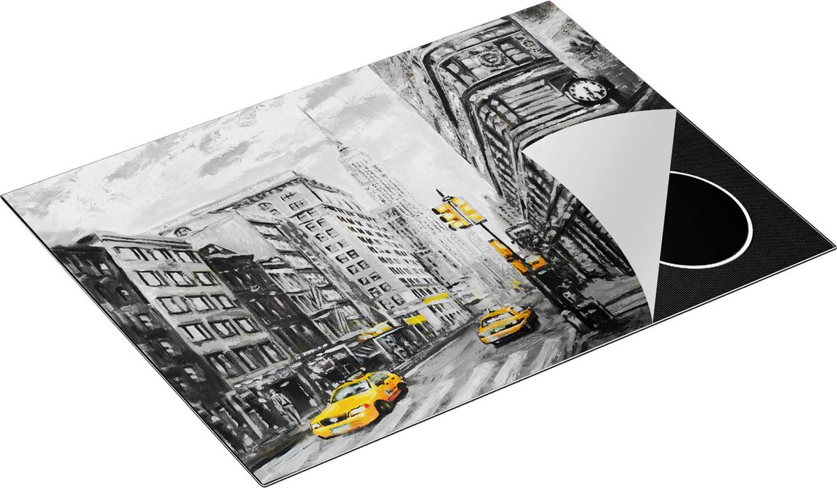 Chefcare Inductie Beschermer Geschilderde New York Tekening - Zwart Wit - 71x52 cm - Afdekplaat Inductie - Kookplaat Beschermer - Inductie Mat