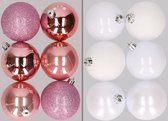12x stuks kunststof kerstballen mix van roze en wit 8 cm - Kerstversiering