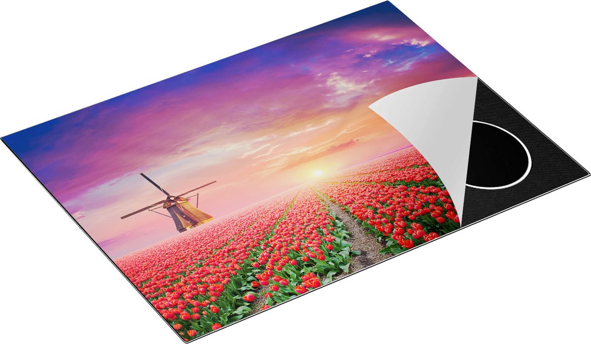 Chefcare Inductie Beschermer Rode Rozen Bloemenveld met een Windmolen - 70x55 cm - Afdekplaat Inductie - Kookplaat Beschermer - Inductie Mat