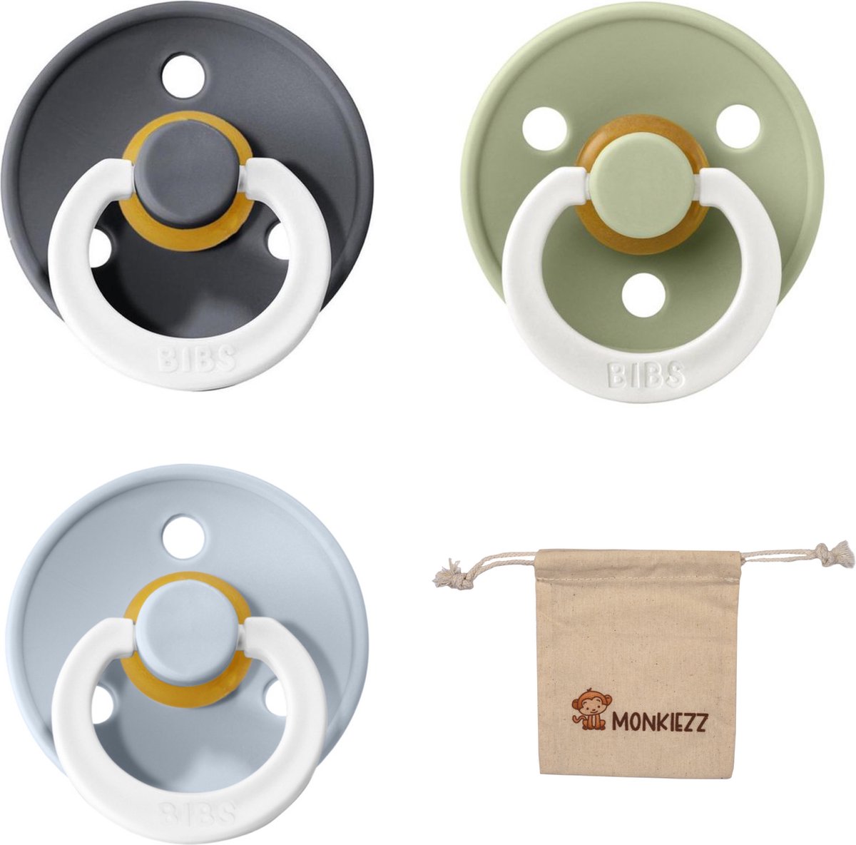 Goedkoopste Bibs fopspenen maat 1 0-6 maanden| Set 3 stuks| Glow Blue, Sage, iron Monkiezz speenzakje