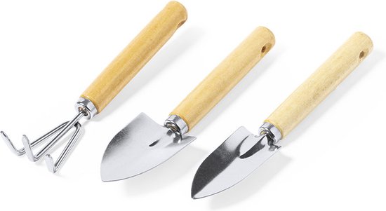 Tuinierset - Tuingereedschap - Gereedschapset - Hark - Schep - Schop - Draagtas - Katoen - Hout - Metaal - bruin - 3-delig — afbeelding 5
