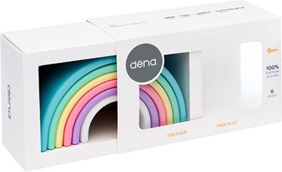 Verpakking met Dena speelgoed regenboog, 6 stuks, 100% platinum silicone.