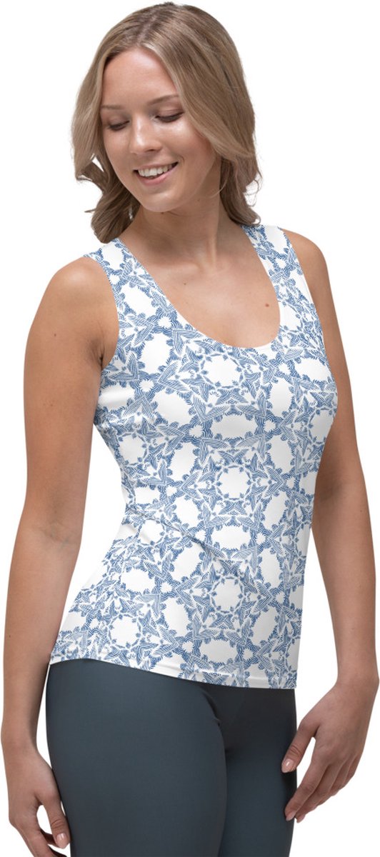TankTop - design Grace in Lace - Dry Fit - High Performance -unieke print - 4way stretch - UPF 50+ - Hardloop - Yoga - Fitness - Dans - Pilates - Training - Sport Top - dames - wit klassiekblauw - maat S