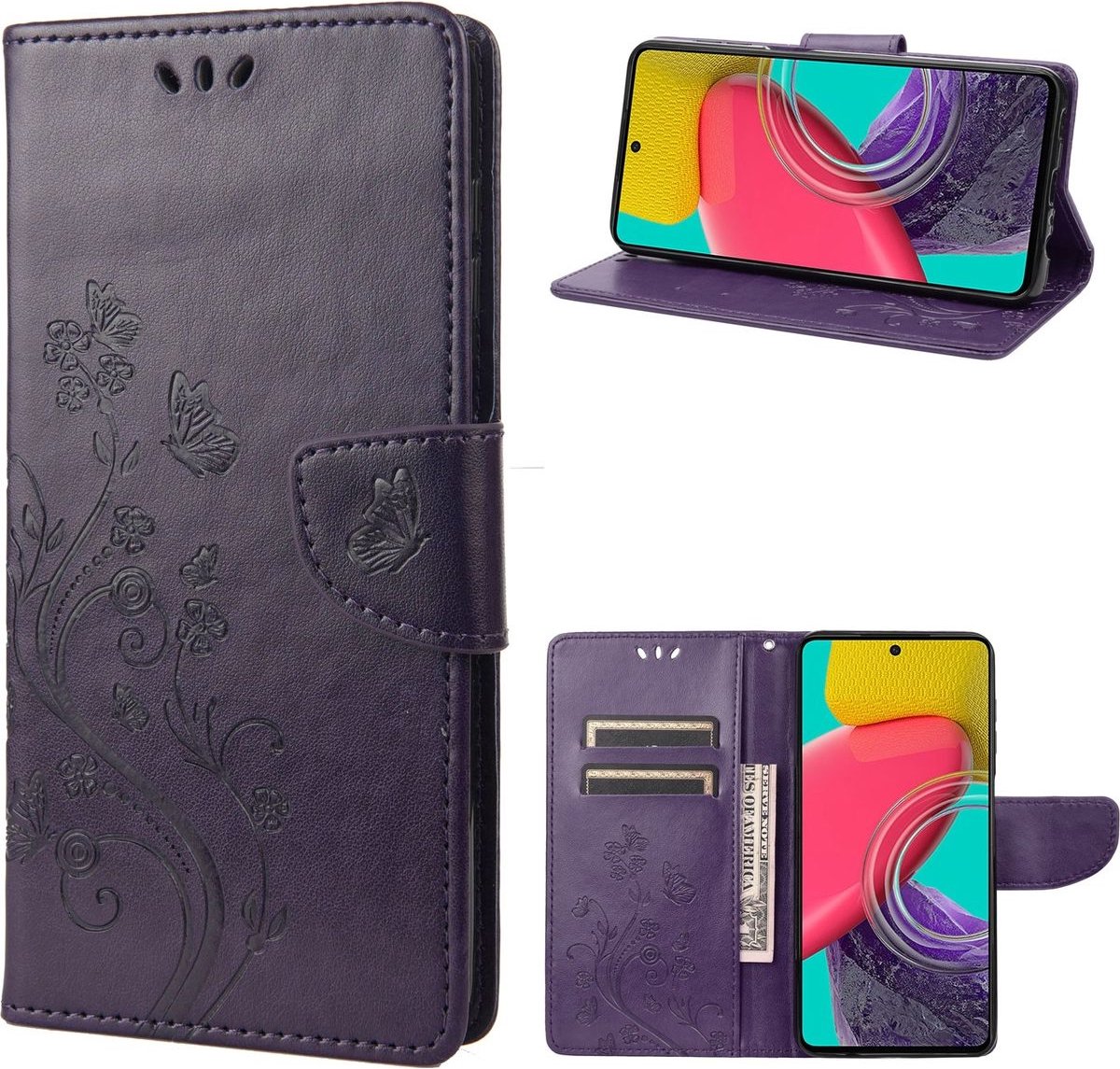 Mobigear Telefoonhoesje geschikt voor Samsung Galaxy M53 Hoesje | Mobigear Flowers Bookcase Portemonnee | Pasjeshouder voor 2 Pasjes | Telefoonhoesje voor Pinpas / OV Kaart / Rijbewijs - Paars