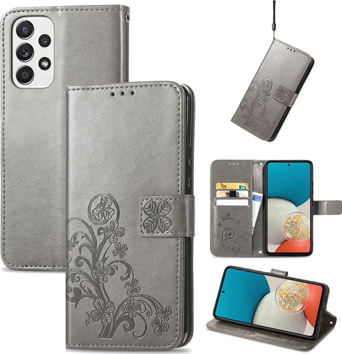 Mobigear Telefoonhoesje geschikt voor Samsung Galaxy A73 Hoesje | Mobigear Clover Bookcase Portemonnee | Pasjeshouder voor 3 Pasjes | Telefoonhoesje voor Pinpas / OV Kaart / Rijbewijs - Grijs