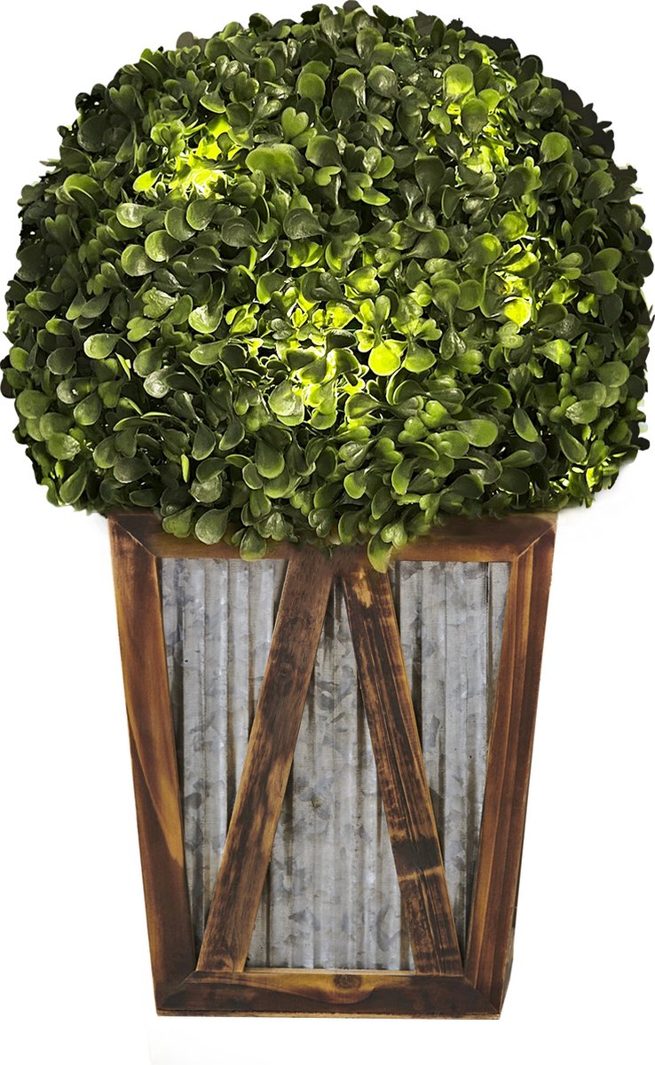 Teamson Home Binnen Buiten Tuin Decoratie Zonlicht Voorverlicht Automatische Kunstmatige Faux Ronde Topiary Struik Bush met Boerderij Houten Plantenpot