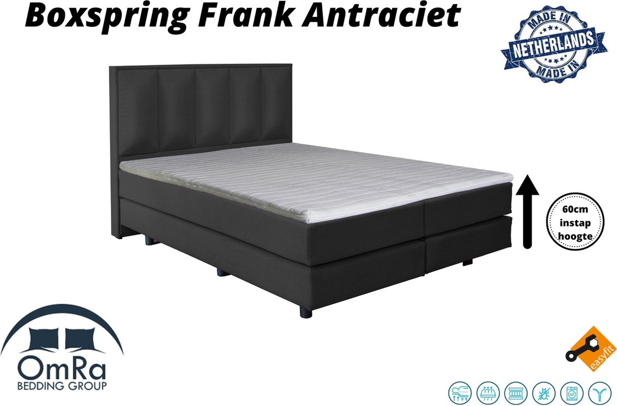 Omra Bedding - Complete boxspring - Frank Antraciet - 330x210 cm - Inclusief Topdekmatras - Hotel boxspring