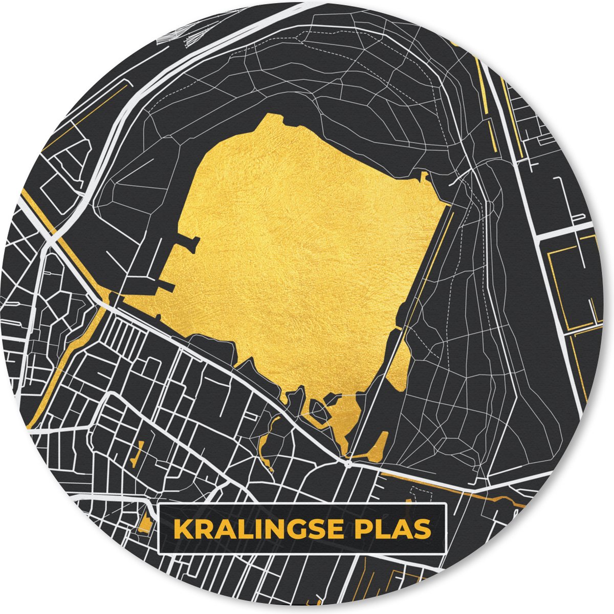 Muismat rond 30x30 cm - Mousepad Kaart - Plattegrond - Stadskaart - Nederland - Kralingse Plas - Goud - Ronde muismatten - Stadskaart