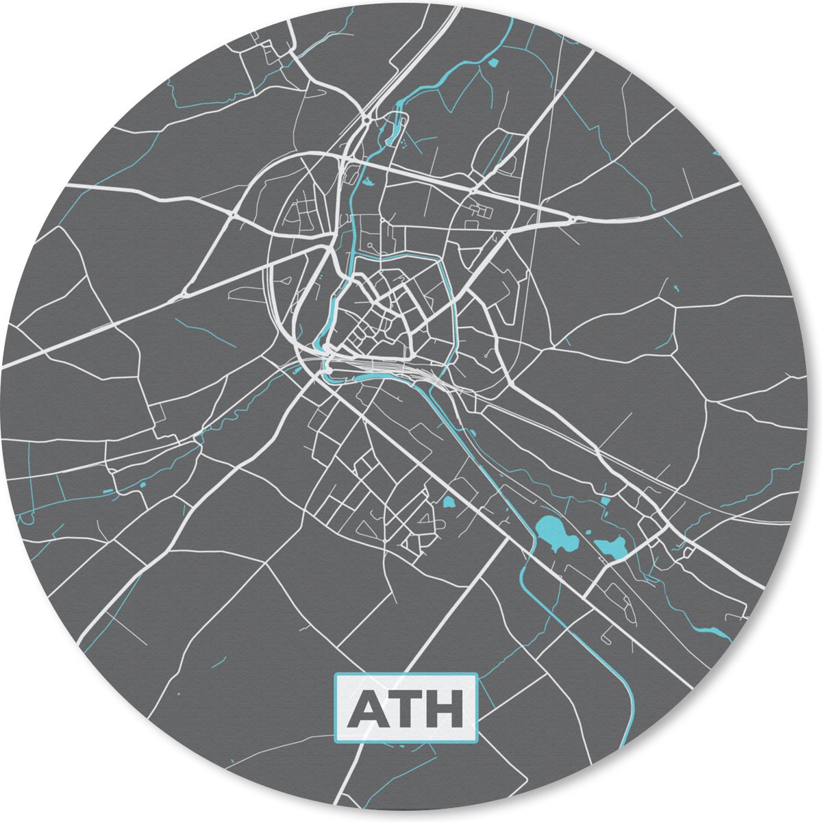 Muismat rond 40x40 cm - Mousepad België – Ath – Stadskaart – Kaart – Blauw – Plattegrond - Ronde muismatten - Stadskaart