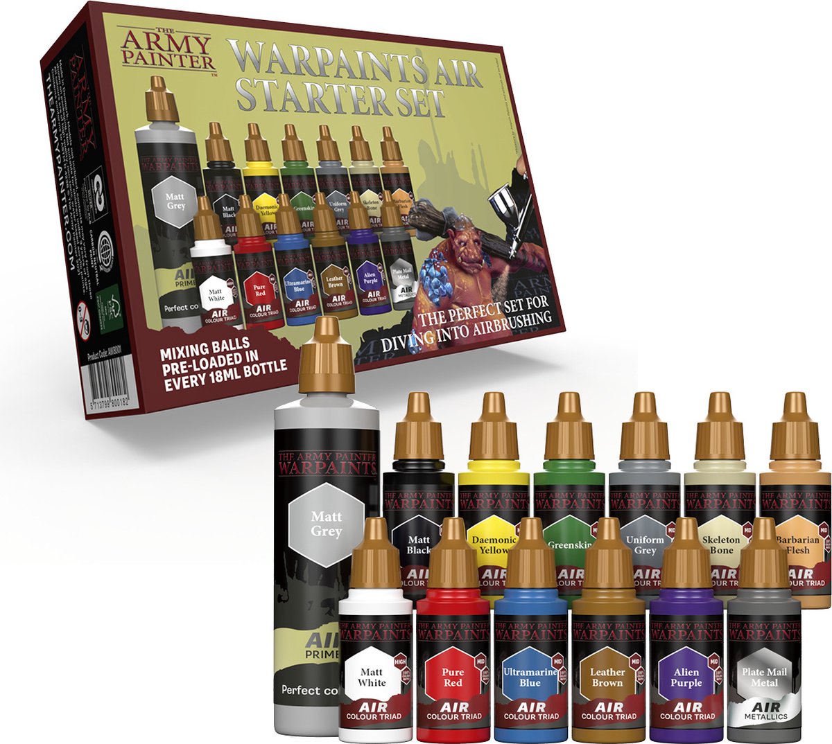 The Army Painter Warpaints Air Starter Set, 12 Warpaints in 18 ml druppelflessen (inclusief 1 metallic, 1 grijze 100 ml primer), acrylverf niet