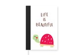 Notitieboek - Schrijfboek - Illustratie met een schildpad en de quote "Life is beautiful" - Notitieboekje klein - A5 formaat - Schrijfblok