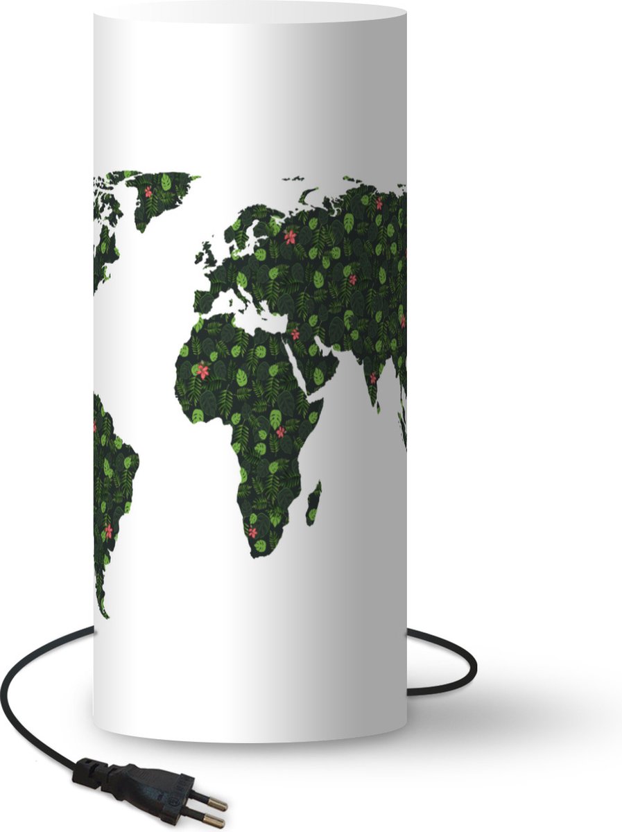 Lamp - Nachtlampje - Tafellamp slaapkamer - Wereldkaart - Groen - Bladeren - 54 cm hoog - Ø22.9 cm - Inclusief LED lamp