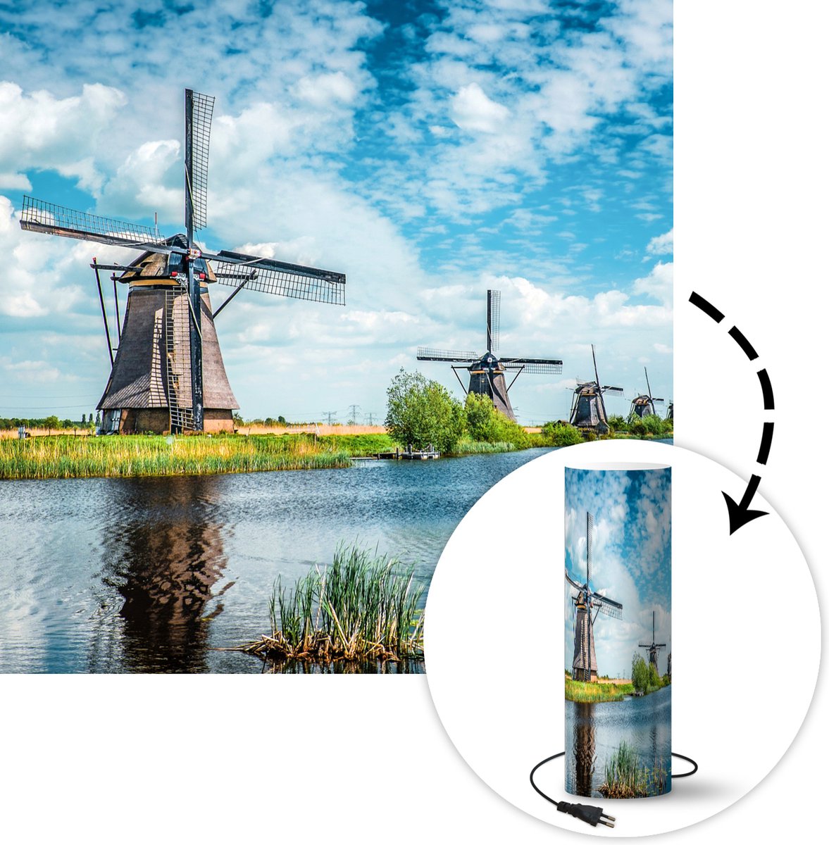 Lamp - Nachtlampje - Tafellamp slaapkamer - Windmolens aan het water bij Kinderdijk - 50 cm hoog - Ø15.9 cm - Inclusief LED lamp