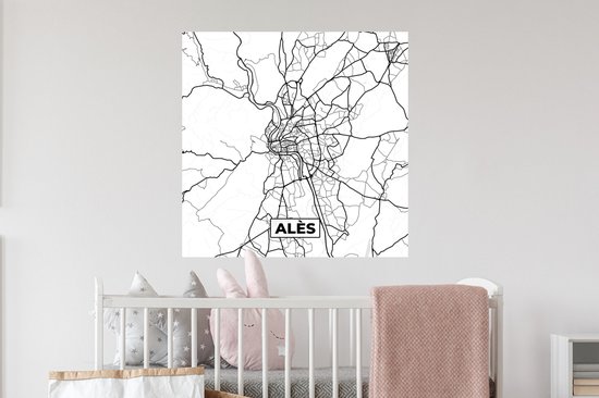 Stickers muraux - Alès - Carte - Carte - France - Plan de ville - Zwart et blanc - 80x80 cm - Film adhésif