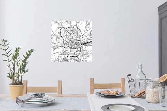 Stickers muraux - France - Tours - Carte - Plan de la ville - Carte - Zwart et blanc - 80x80 cm - Film adhésif