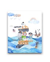 Schilderij  Piraten beertje met vriendjes op de boot links - piraten thema / Dieren / 50x40cm
