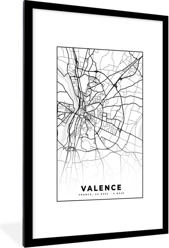 Fotolijst incl. Poster Zwart Wit- Frankrijk - Plattegrond - Stadskaart - Valence - Kaart - Zwart wit - 80x120 cm - Posterlijst