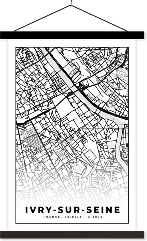 Porte-affiche avec Affiche - Affiche scolaire - Plan - Ivry-sur-Seine - Plan de ville - France - Carte - Zwart et blanc - 60x90 cm - Lattes noires