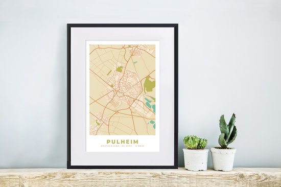 Fotolijst incl. Poster - Plattegrond - Pulheim - Stadskaart - Vintage - Kaart - 30x40 cm - Posterlijst