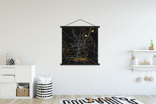 Porte-affiche avec affiche - Affiche scolaire - Cottbus - Or - Carte - Plan d'étage - Plan de la ville - Allemagne - 120x120 cm - Lattes noires