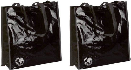 Shopper boodschappen opberg tas - 2x - zwart - 38 x 38 cm - Glimmende boodschappentassen