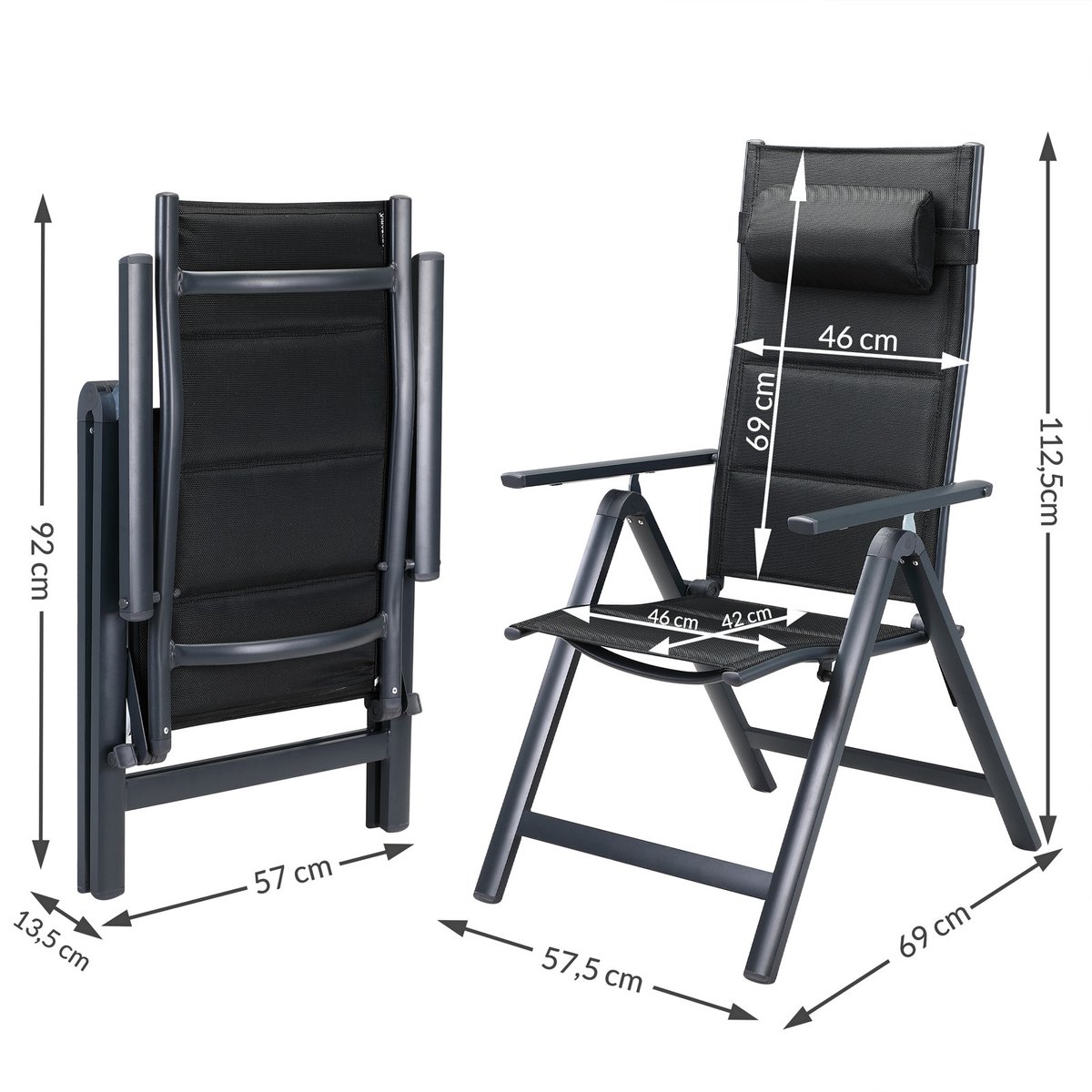 Casaria Tuinstoel Set van 2 - Aluminium Inklapbaar 7 Standen - Antraciet