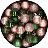 28x stuks kunststof kerstballen donkergroen en lichtroze mix 3 cm - Kerstboomversiering