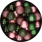 28x stuks kunststof kerstballen donkergroen en oudroze mix 3 cm - Kerstboomversiering