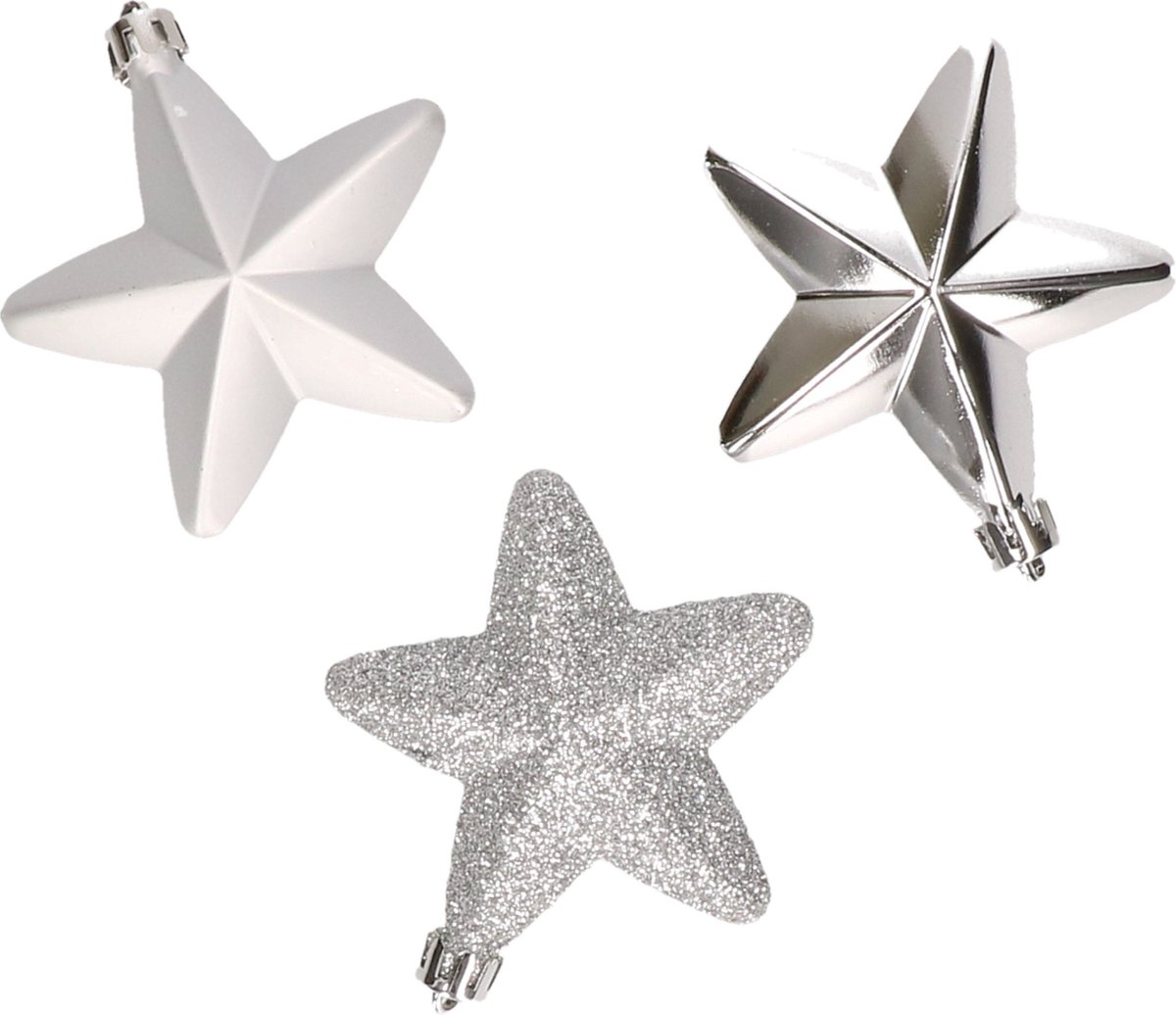 Decoris kersthanger sterren - 6x st - zilver - 7 cm - kunststof - kerstornamenten - kerstversiering
