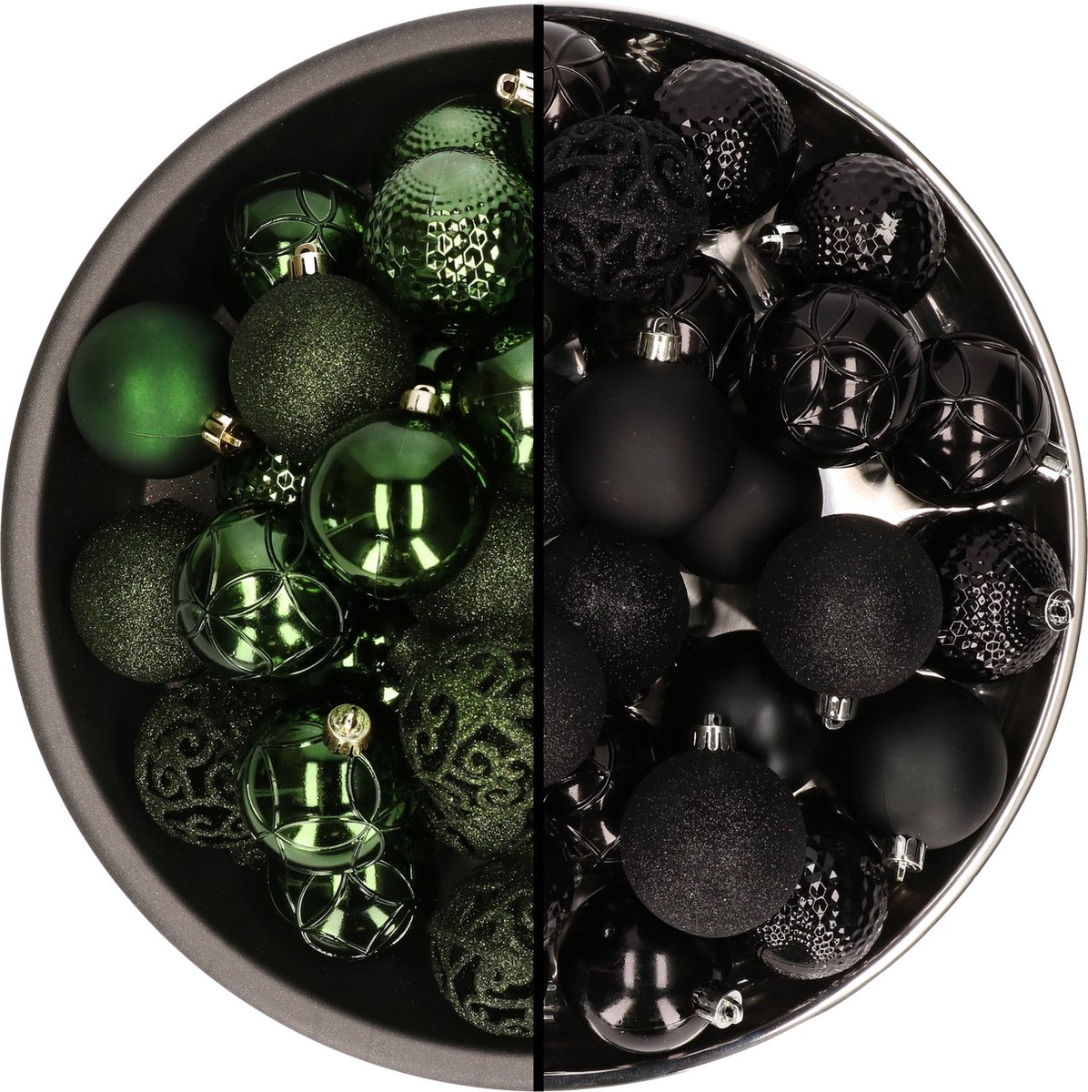 Bellatio Decorations Kerstballen mix - 74-delig - donkergroen en zwart - 6 cm - kunststof