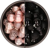 Bellatio Decorations Kerstballen mix - 74-delig - lichtroze en zwart - 6 cm - kunststof