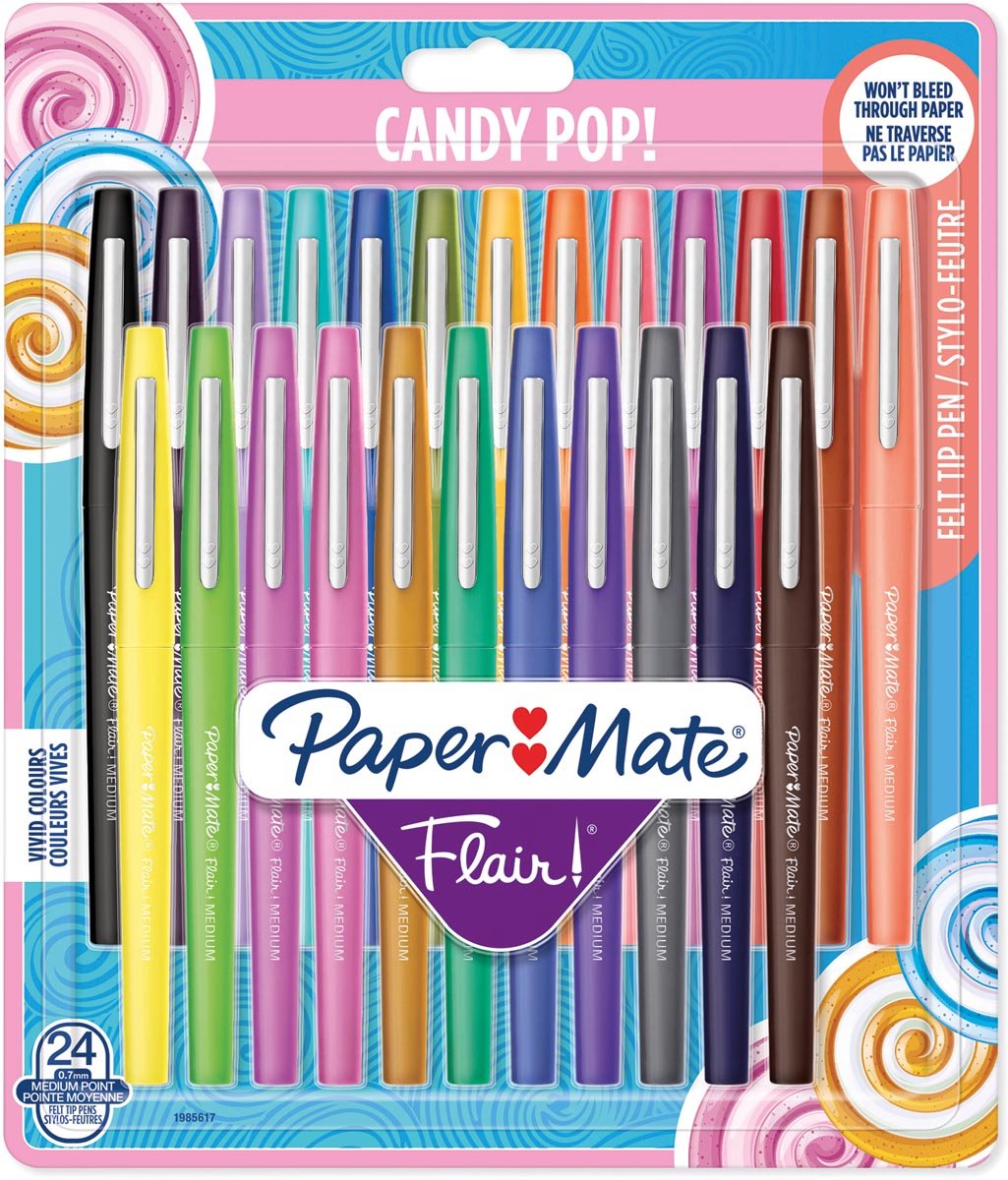 Paper Mate Flair-viltstiften | Medium punt (0,7 mm) | Diverse Candy POP-kleuren | 24 stuks
