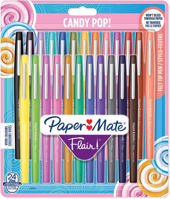 Paper Mate Flair-viltstiften | Medium punt (0,7 mm) | Diverse Candy POP-kleuren | 24 stuks