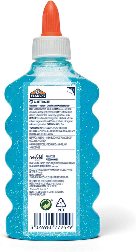 Arrière d'une bouteille de colle à paillettes bleue Elmer's avec informations sur le produit.