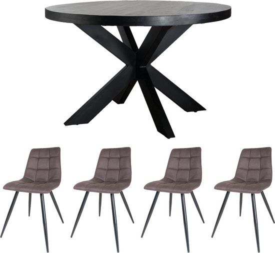Home67 Set - Table à manger Bob Bois de manguier Zwart ø130 cm + 4 x Chaise de salle à manger Galgary - Argile