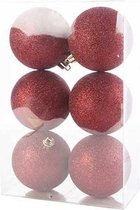 18x Donkerrode kunststof kerstballen 8 cm - Glitter - Onbreekbare plastic kerstballen - Kerstboomversiering donkerrood