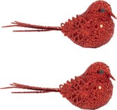 2x stuks decoratie vogels op clip glitter rood 12 cm - Decoratievogeltjes/kerstboomversiering/bruiloftversiering
