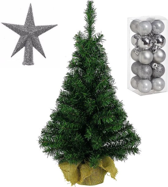 Volle kunst kerstboom 45 cm in jute zak met zilveren versiering 21-delig - Kerstdecoratie set