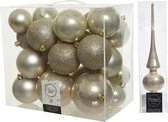 Kerstversiering kunststof kerstballen parel/champagne 6-8-10 cm pakket van 27x stuks - Met glans glazen piek van 26 cm
