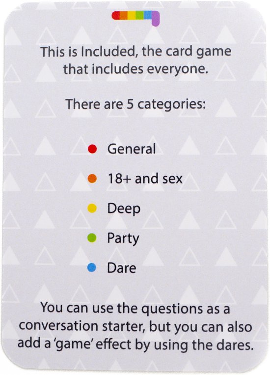 Thumbnail van een extra afbeelding van het spel INCLUDED - LGBTQ+ Kaartspel - Queer Party Game - Conversation Starter - Pride Spel - Drankspel - 200 Vragen en 5 Categorieën!