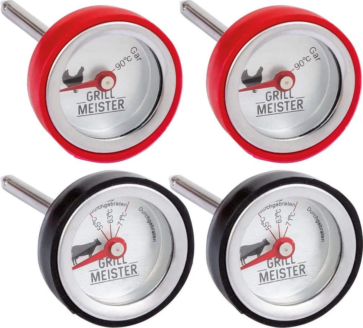 Grillmeister 4 Vlees Thermometers - Batterijloze werking, altijd klaar voor gebruik - 2 Steak thermometers en 2 gevogelte thermometers - Voor het bepalen van de optimale gaartoestand - Hittebestendig tot 220 graden