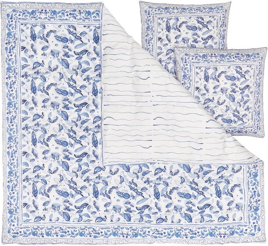 Dekbedovertrek - katoensatijn- blauw en wit met bladdesign - 240x220 cm - lits jumeaux - met kussenslopen